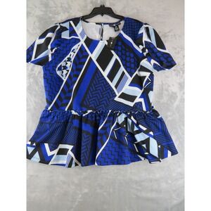 New Ashley Stewart 22/24 Blue‎ Black Geometric Peplum Top Plus size